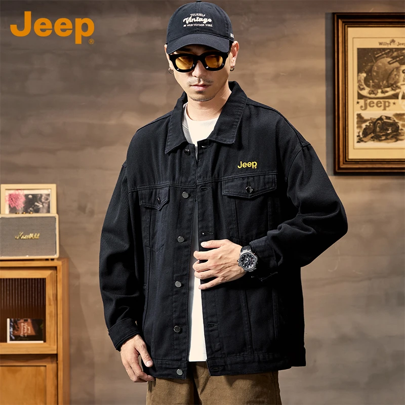 JEEP/吉普美式牛仔外套男士秋冬款2024新款翻领夹克男款牛仔衣服