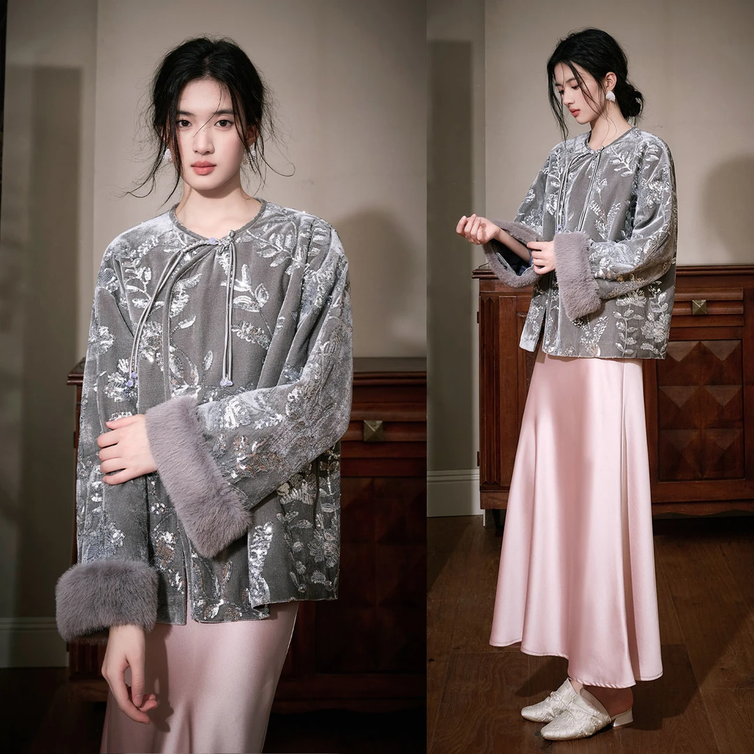 【JKJS】重工珠片绣冬季夹棉厚外套丝绒棉衣新中式棉服