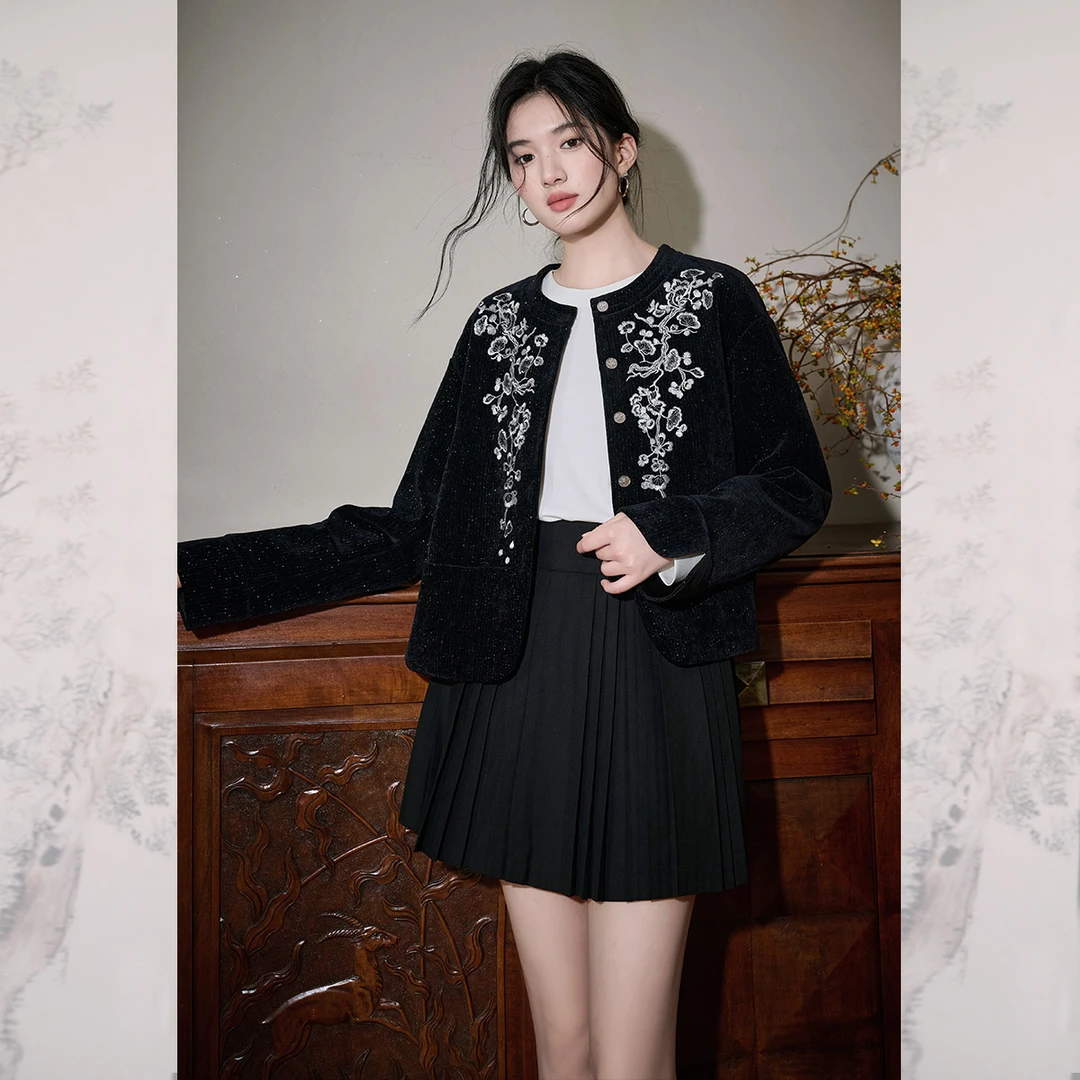 JKJS【梅溪渡】新中式雪尼尔服饰秋冬女士独特超好看复古短款外套