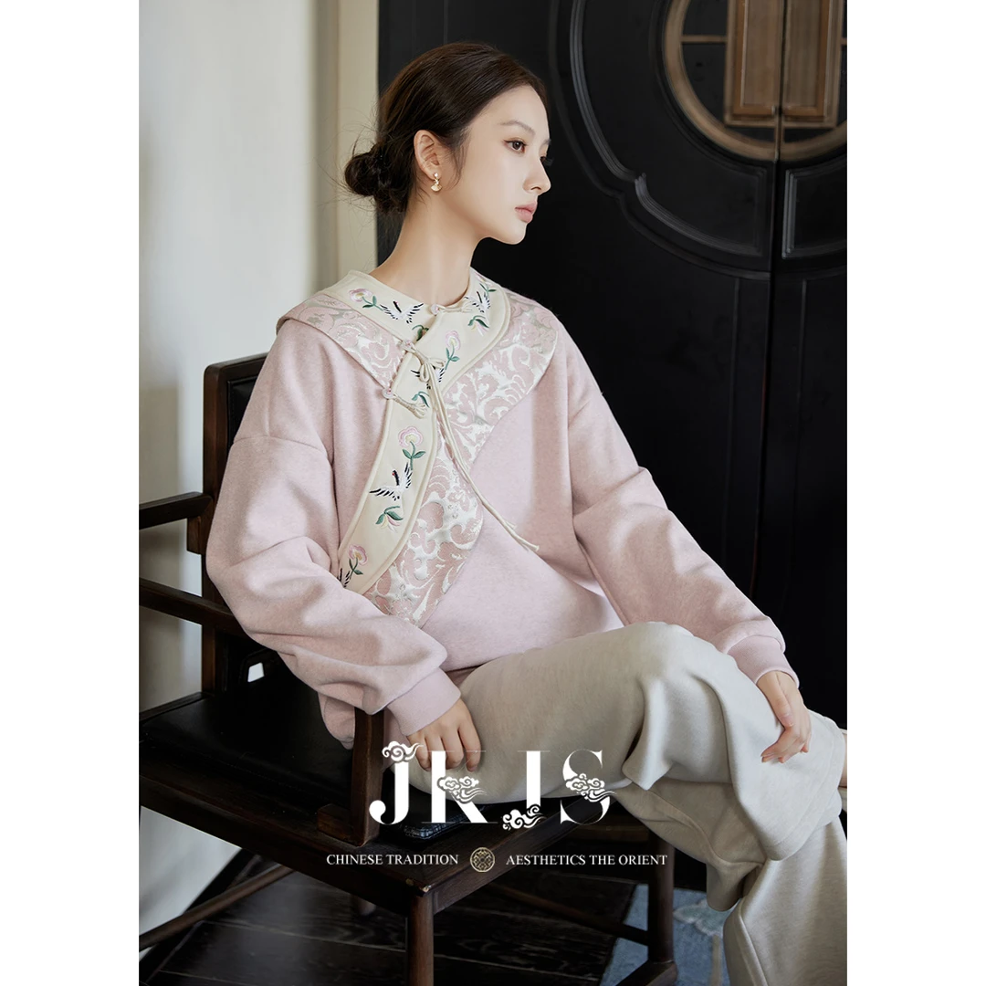 JKJS【繁花素锦】敲柔绒感~雪尼尔卫衣女秋冬加绒新中式国风上衣