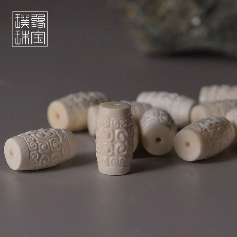 P03297纯天然真品猛犸牙雕刻回纹桶珠配珠文玩佛珠手串diy配饰