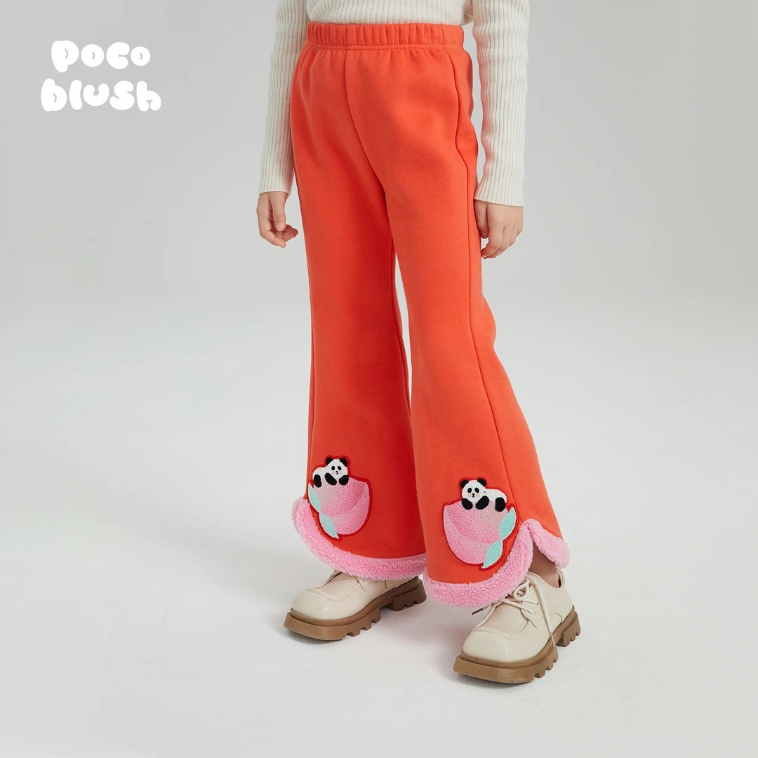 poco blush原创设计桃意绵绵喇叭长裤女童2024冬新款加绒微喇裤子