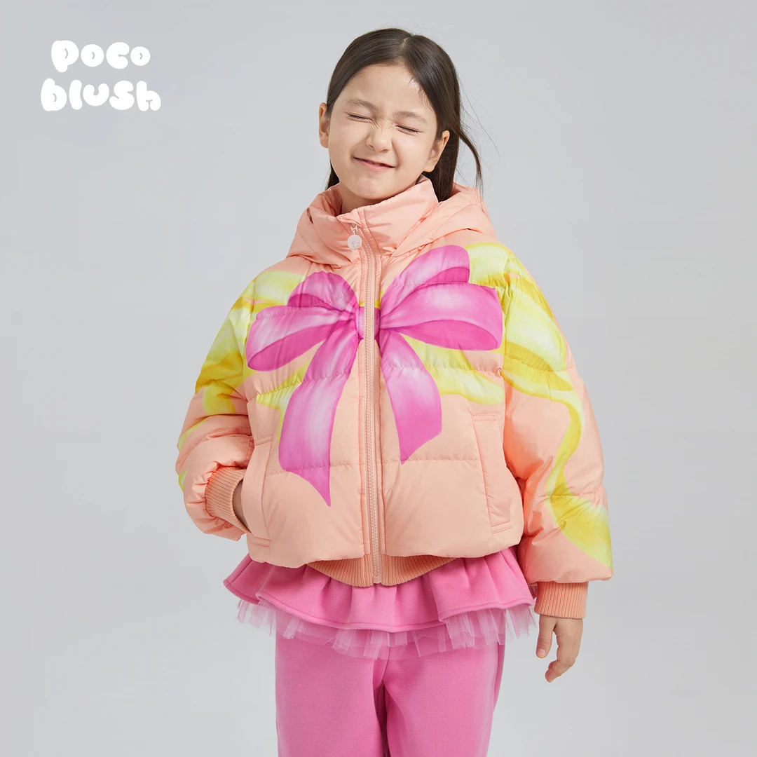 poco blush原创设计蝴蝶结印花羽绒服外套女童2024新款连帽白鹅绒