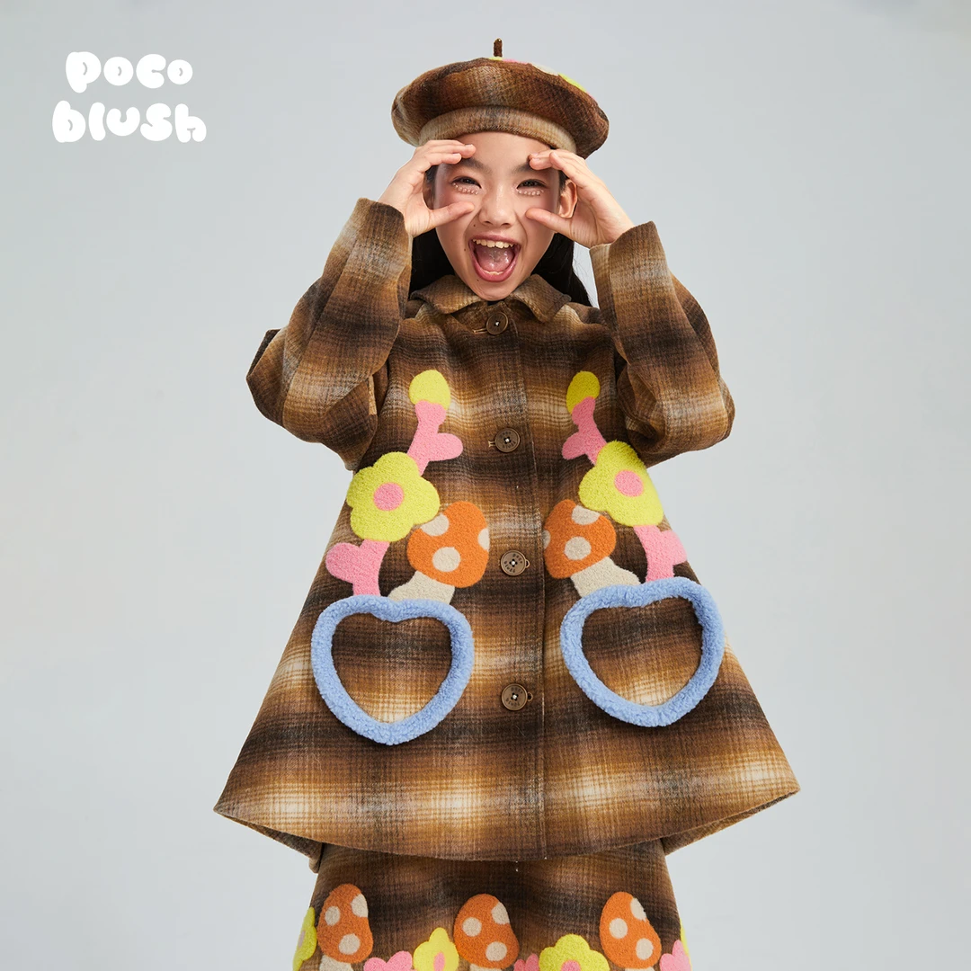 poco blush原创设计立体绣花格纹呢大衣女童冬装中长款羊毛呢外套