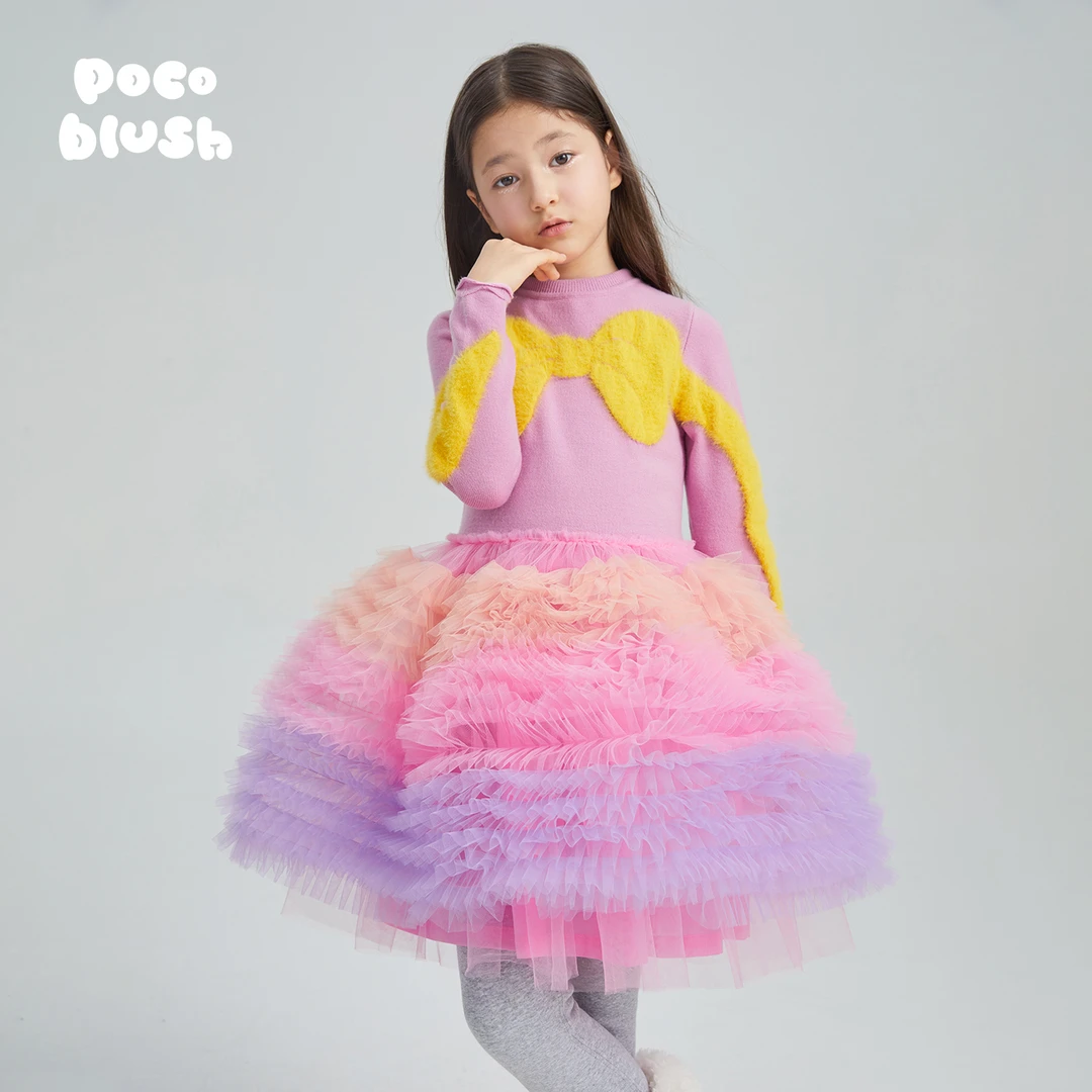 poco blush原创设计蝴蝶结毛织网纱连衣裙秋冬女童提花渐变蛋糕裙