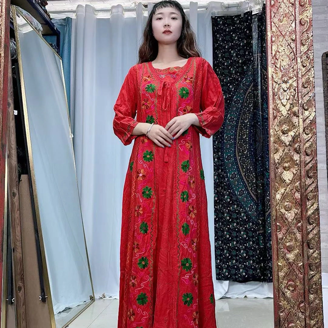 卡雅家重磅绵绸彩色羊毛宽松休闲显瘦扎染刺绣长袖假两件连衣裙