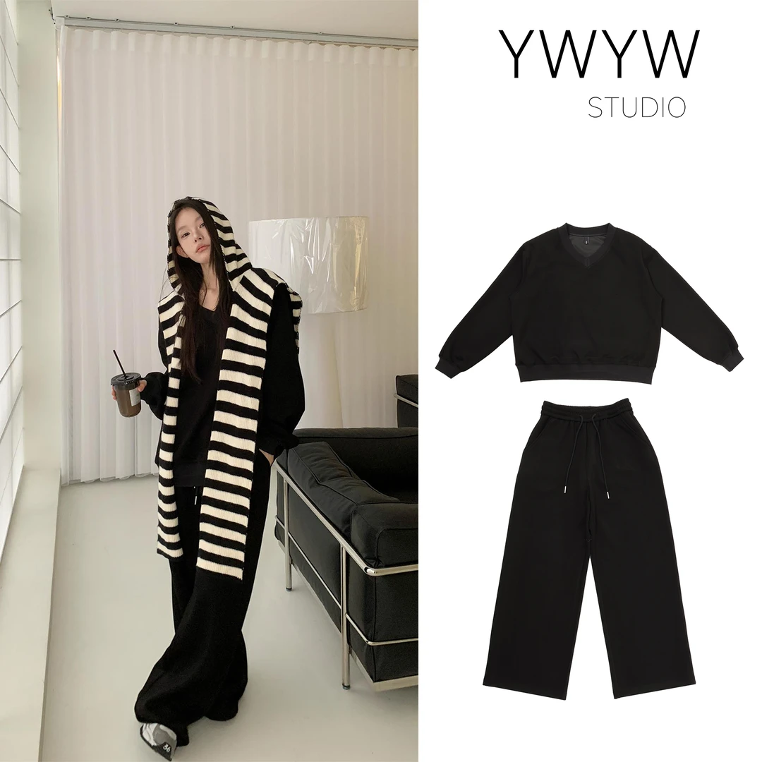 【福利款NO退换】螺纹V领慵懒宽松卫衣弹力抽绳休闲卫裤两件套3276