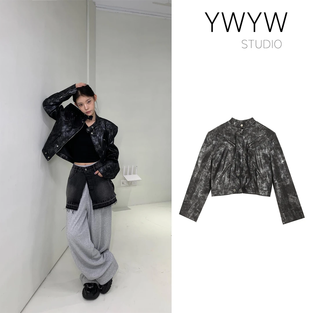 【福利款NO退换】秋季街头风酷飒纯欲质感漆面皮质高定夹克 3193