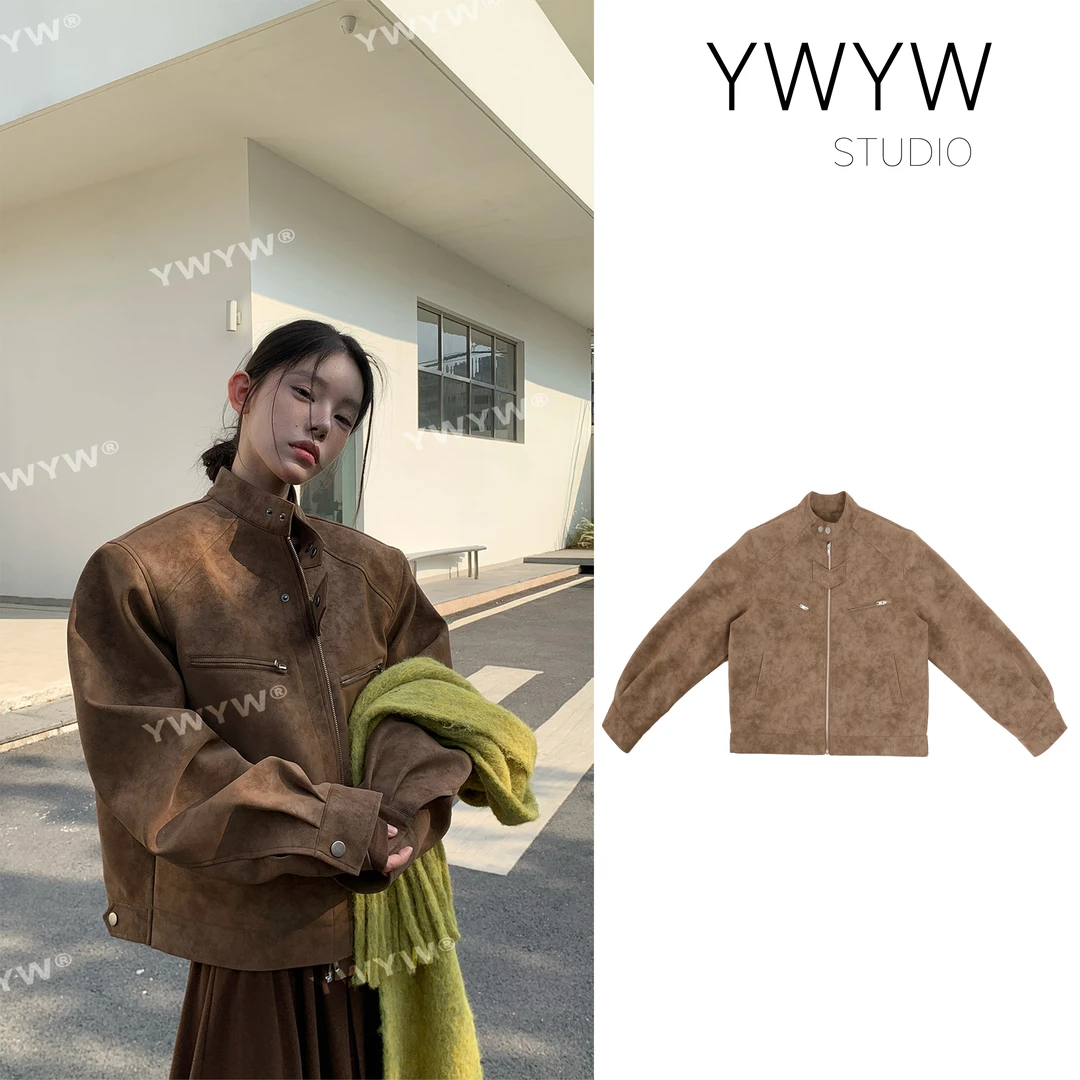 【YWYW24F/W】美拉德色系机车风小立领质感加棉厚重夹克外套 3316