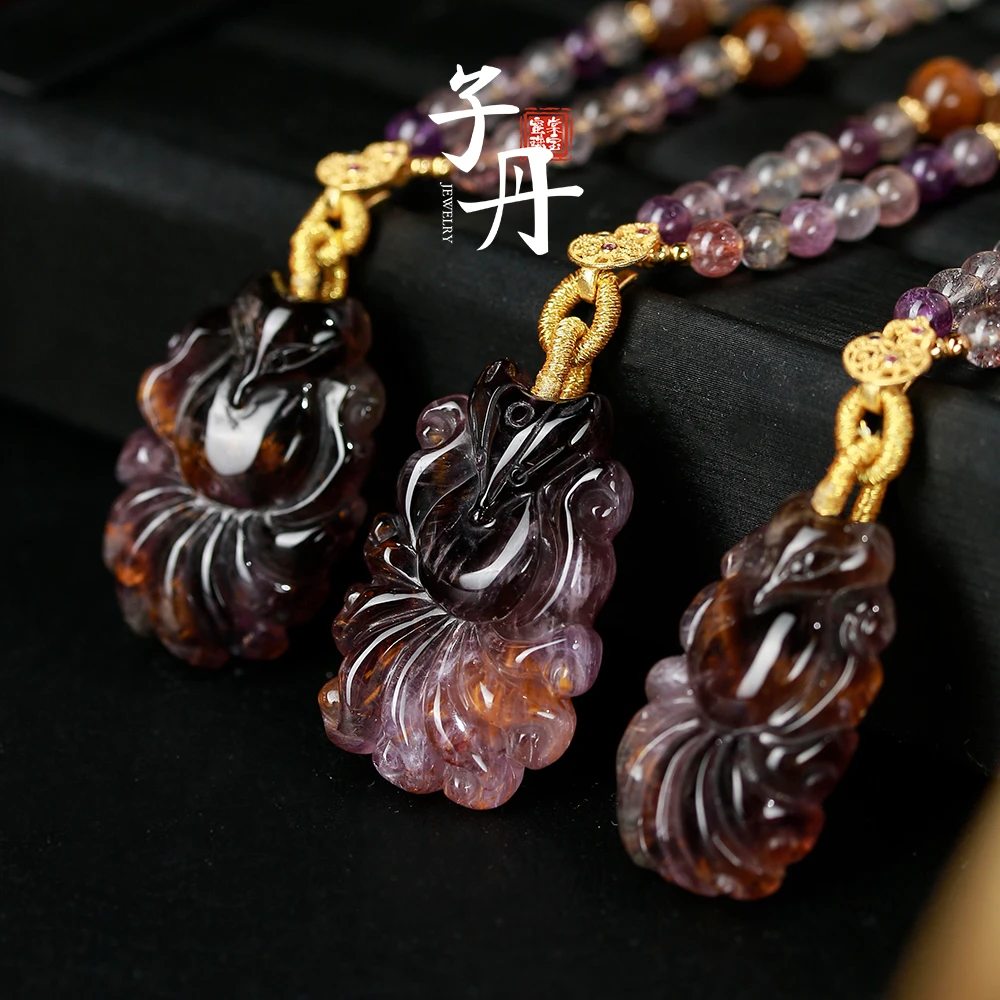 【诗语】天然紫钛九尾吊坠项链天然水晶手工精雕精美气质百搭女款