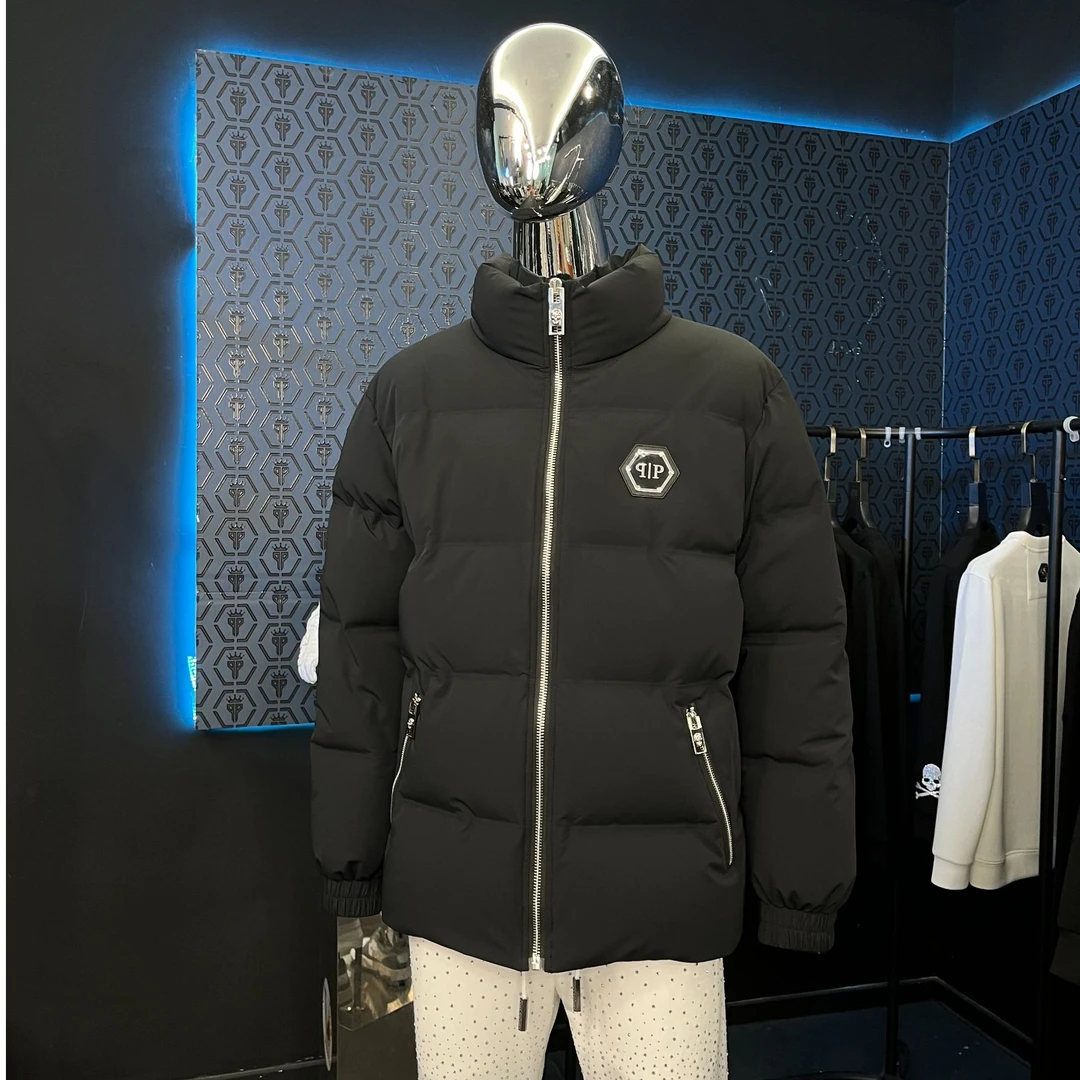 PHILIPP PINLI2024新款羽绒服 男士黑色亮面保暖鸭绒夹克外套