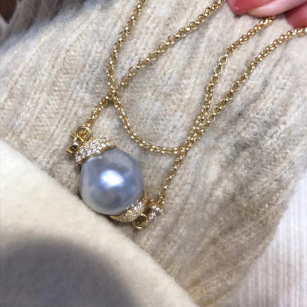 【青栀】大尺寸澳白蓝血巴洛克多用款套链18k满钻金重6.9g