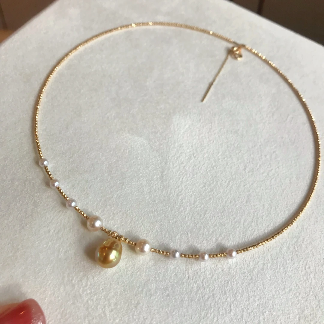 【青栀】·孤品·爆闪项圈金珠keshi茶金色18k金akoya海水短款