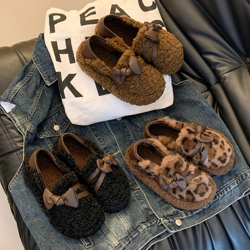 厚底蝴蝶结一脚蹬欧货毛毛鞋子女秋冬季外穿2024新款豆豆棉鞋加绒