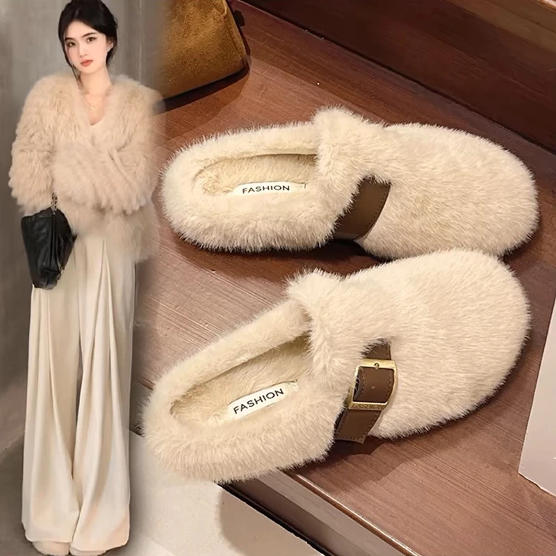 毛毛拖鞋女外穿2024新款秋冬季一脚蹬高级感保暖毛绒包头棉拖鞋