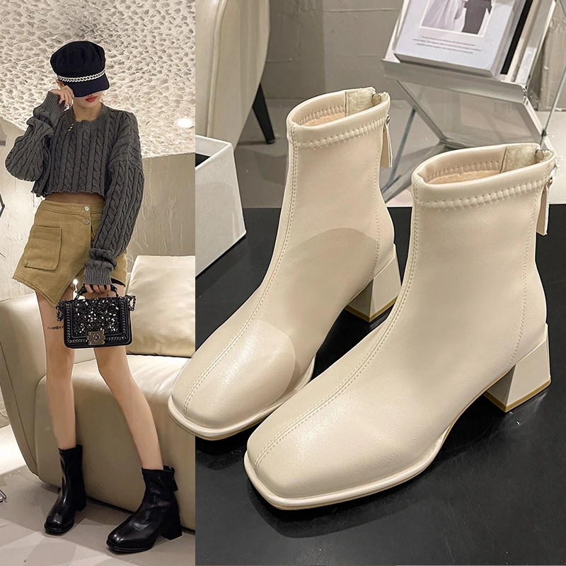 短靴女粗跟白色韩系法式小踝靴2025新款秋冬高跟女鞋瘦瘦马丁靴子