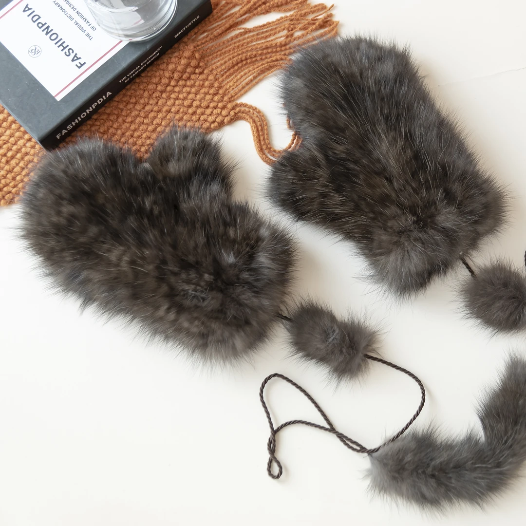 毛茸茸！貂毛手套分指全包护手冬季双面貂暖加厚高密高弹护脖挂绳