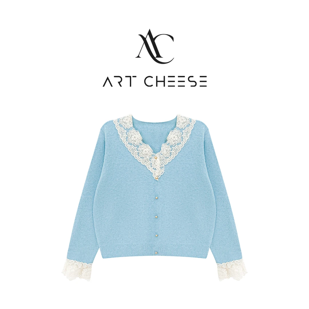 【芝士Cheese】帕诺普利 法式气质优雅温柔V领蕾丝拼接针织衫毛衣