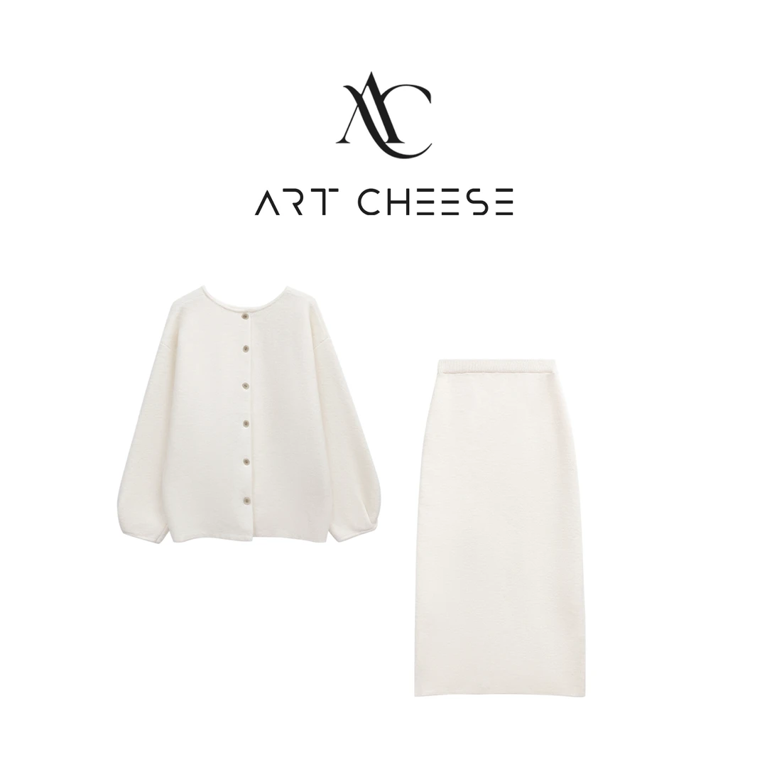 【芝士Cheese】女主剧本 韩系气质休闲圆领针织开衫显瘦直半裙套装