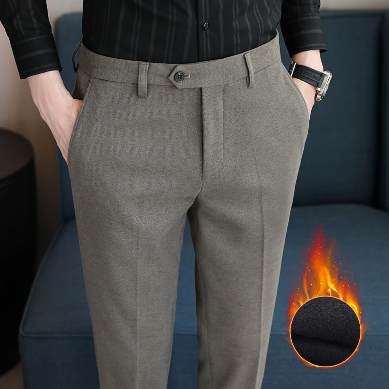 高级感保暖毛呢西裤男士秋冬直筒厚款商务休闲纯色长裤男免烫抗皱