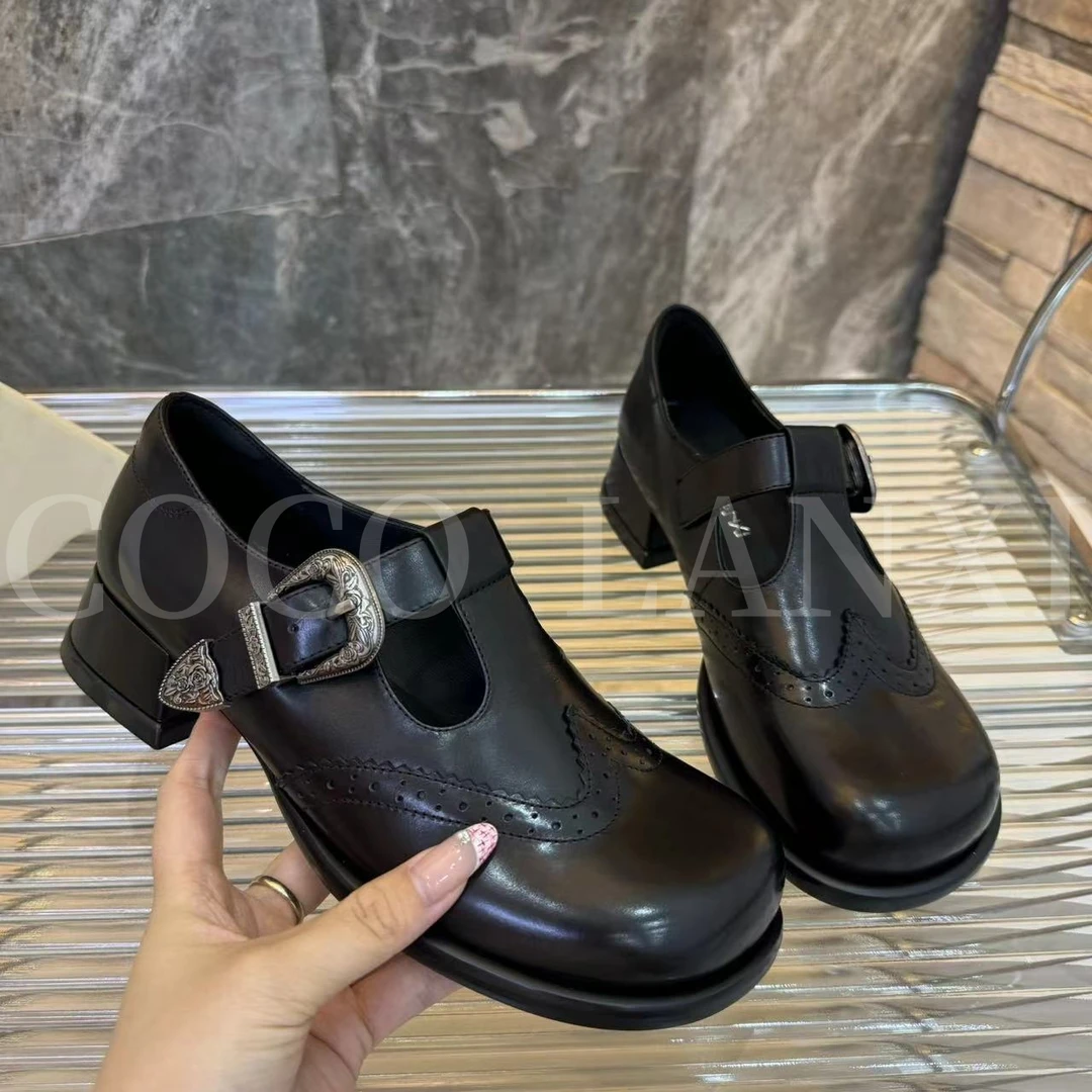 【梦悦】圆头乐福鞋厚底乐福鞋时尚百搭黑色真皮24LF393LX