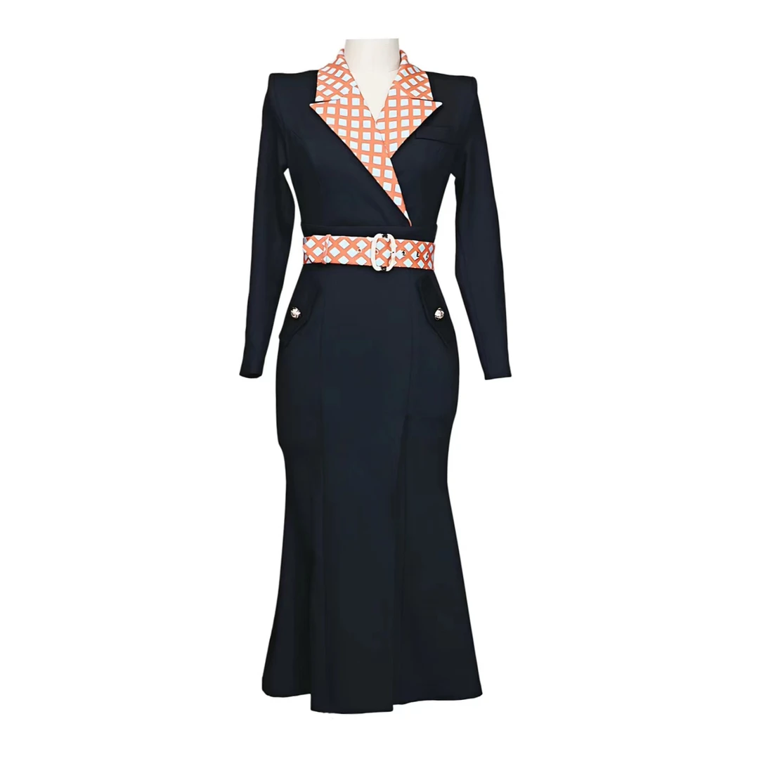 MESAHELI/曼莎赫琳 法式修身名媛气质轻奢长袖拼接女装连衣裙0088