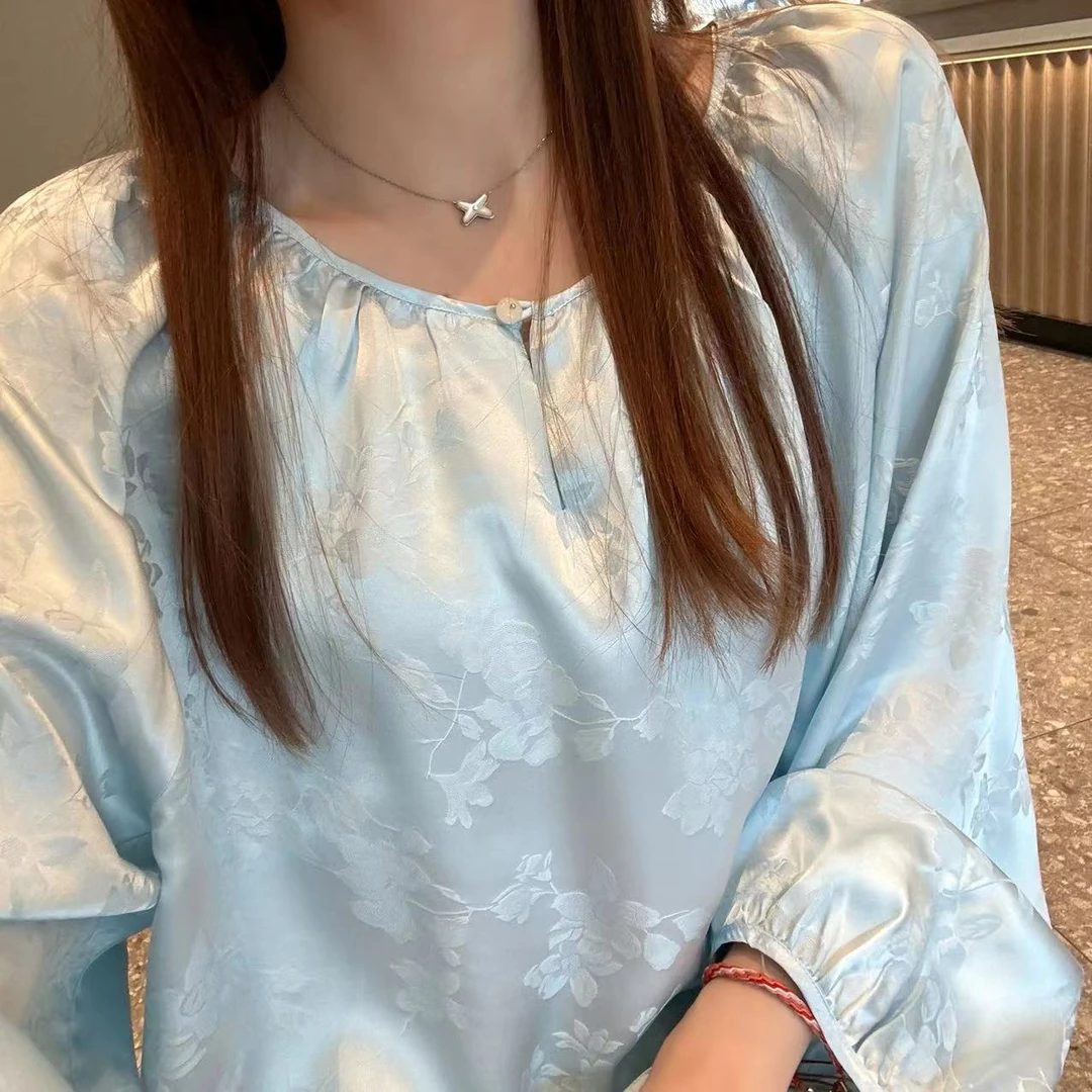 100桑蚕丝郁金香七分袖新中式衬衣真丝衬衫气质国风宽松中国风