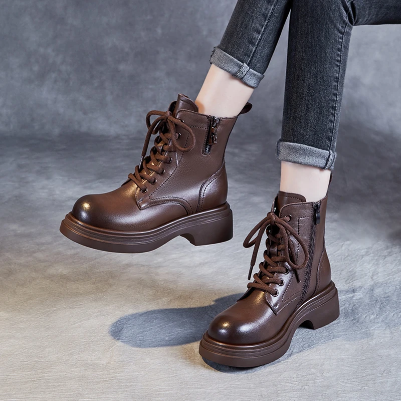 单靴圆头真皮马丁靴女2023秋冬季新款厚底黑色英伦风加绒系带短靴