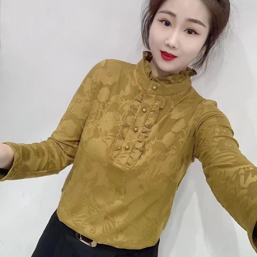 女加绒打底长袖秋冬新款设计感别致上衣洋气百搭衬衣时尚