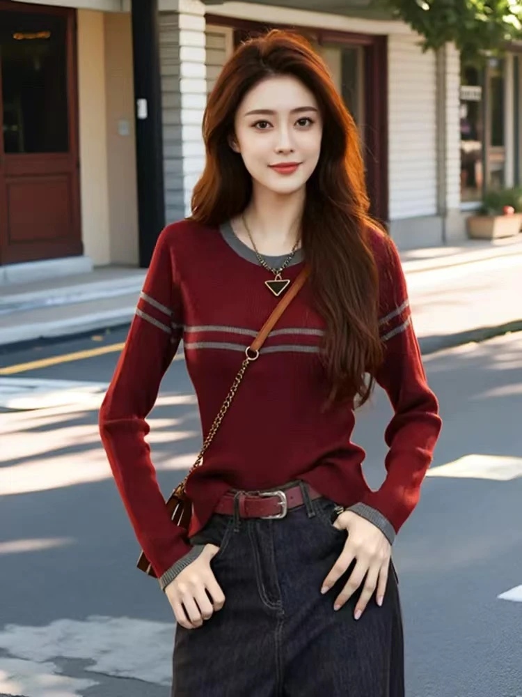 M690#秋冬韩系网红时尚百搭慵懒修身圆领撞色拼接长袖针织上衣