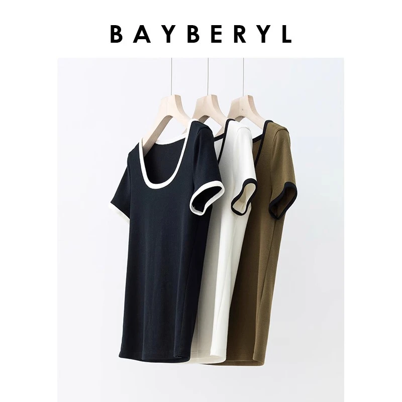 BAYBERY老贝芭蕾方领拼色显瘦短袖百搭舒适夏T恤NT3E0822
