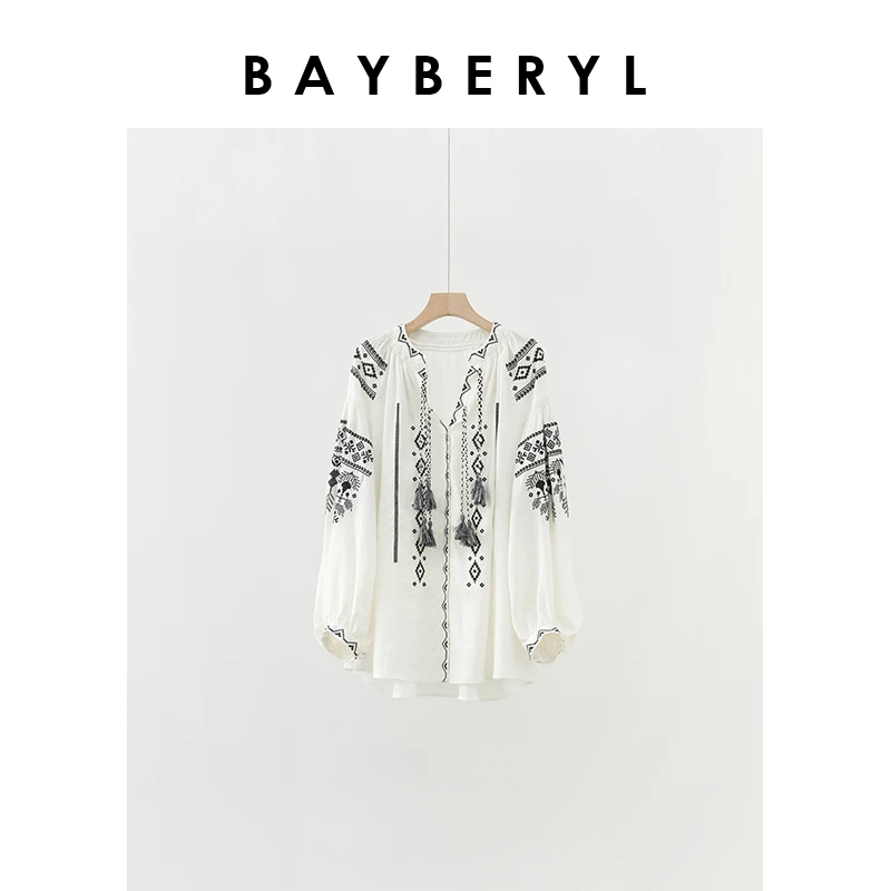BAYBERYL老贝万针*重工十字绣波米流苏宽松麻衬衫NCY4F2704-7/7