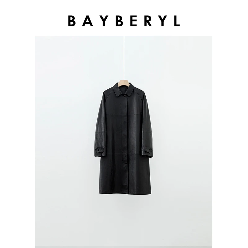 BAYBERYL老贝南风*黑色翻领插肩袖中长皮衣风衣PY4H1209-9/16