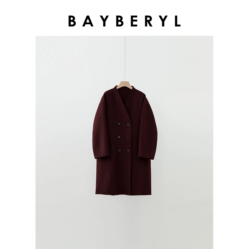 BAYBERYL老贝勃艮第*酒红V领双排扣长款毛呢大衣MF4K1103-11/11
