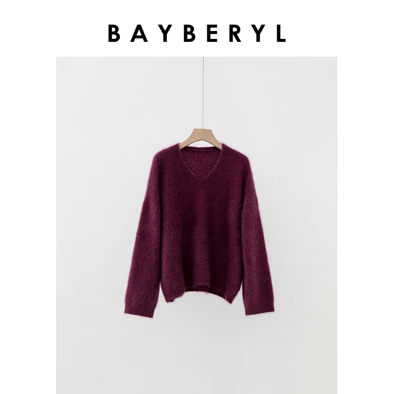 BAYBERYL老贝紫葡萄*V领羊绒拉绒休闲百搭针织衫ZZS4K0102-11/11