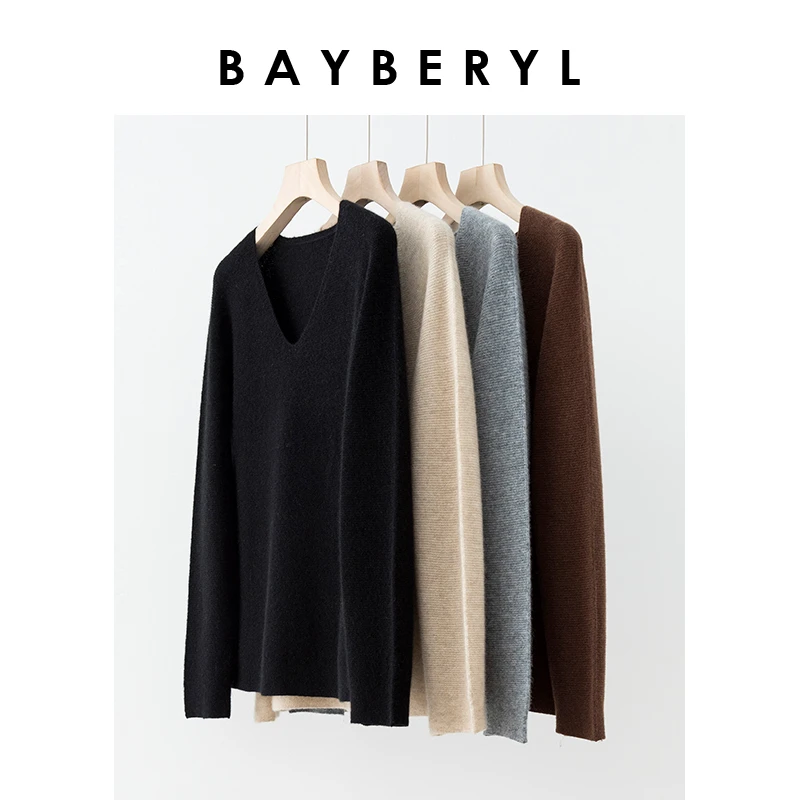 BAYBERYL老贝白米饭长袖V领无缝羊绒套头针织衫ZZS3I0706