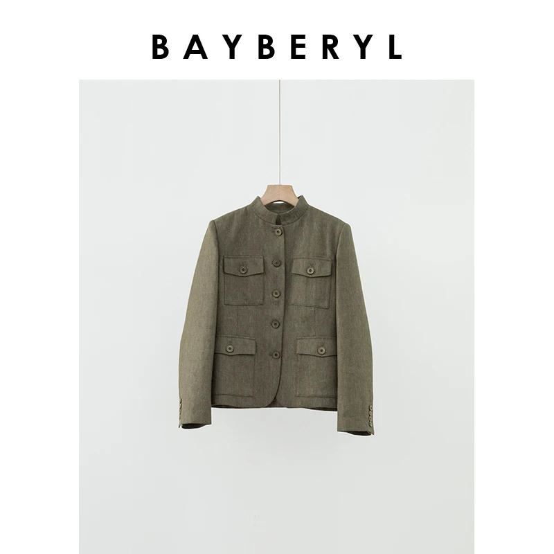 Z7-BAYBERYL老贝晏书*古绿立领多口袋亚麻外套MF4E3144