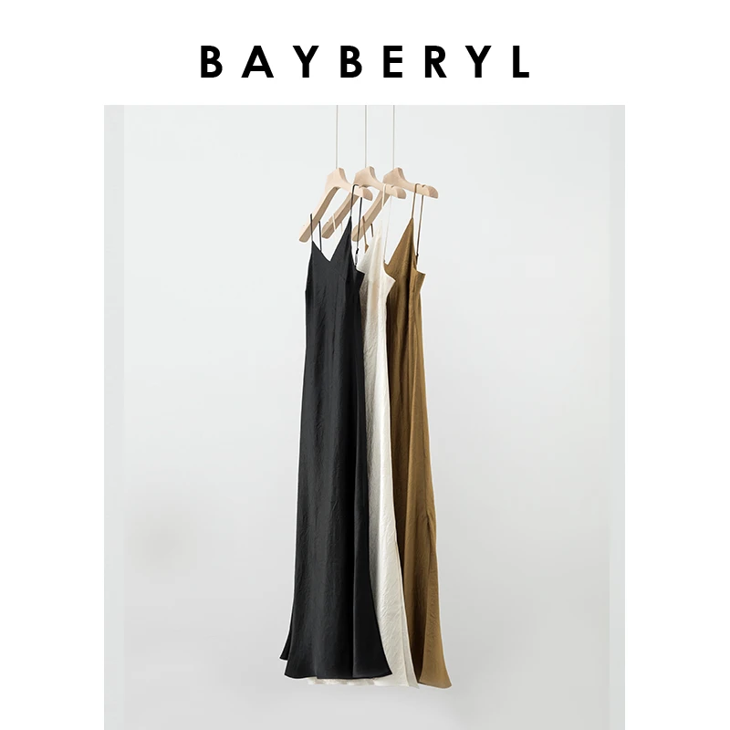 BAYBERYL老贝琉金垂花缎斜裁醋酸V领吊带显瘦连衣裙DR4C2021-3/21