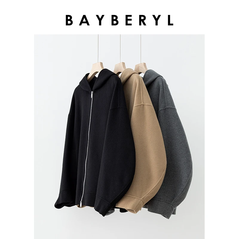 BAYBERYL老贝弧形袖连帽休闲宽松大衣毛呢外套MF3I1621