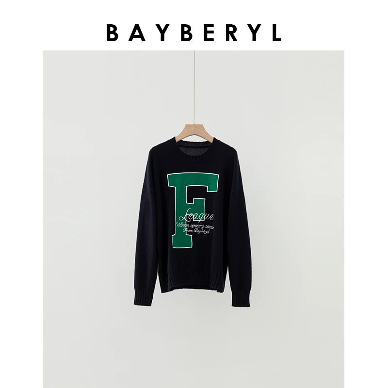 BAYBERYL老贝F*字母提花拼色秋冬圆领百搭针织衫ZZS4I2302-10/20