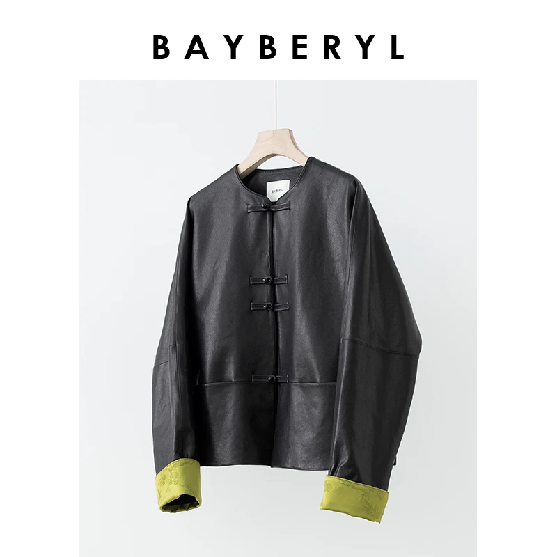 QC-BAYBERYL老贝叙茶*拼绿新中式圆领国风时尚春皮衣PY4A0807