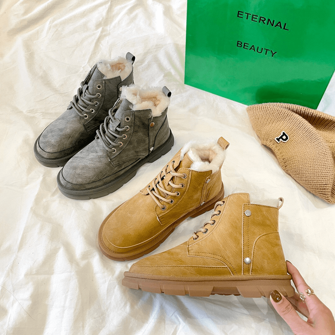 2023年韩版羊毛雪地靴头层牛皮磨砂绑带马丁靴女休闲短筒棉鞋加绒