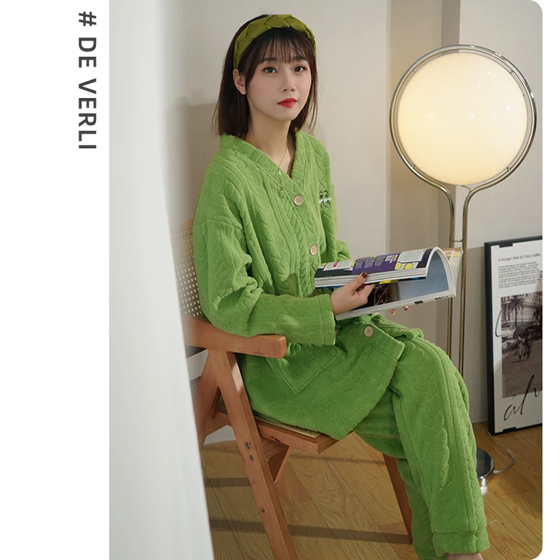DV睡衣冬季加绒加厚保暖套装休闲可外穿家居服 2FDY22120绿色气质