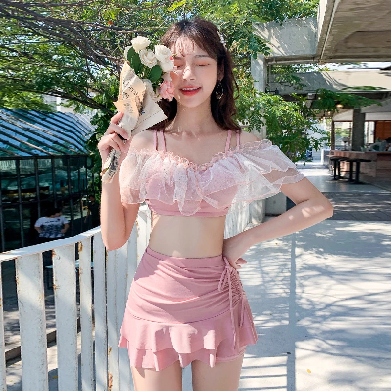 泳衣甜美少女可爱蕾丝分体聚拢显瘦修身裙式两件套游泳衣女士度假