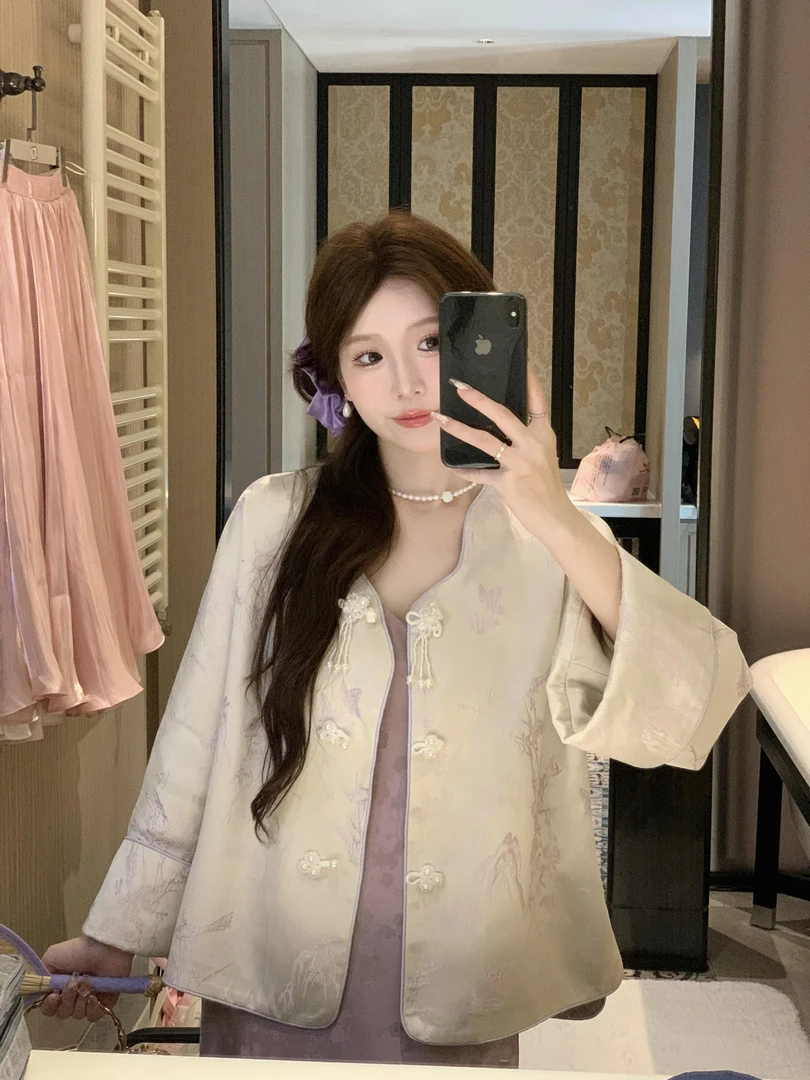 2024早秋新中式外套女超好看复古盘扣新国风上衣女紫色吊带裙套装