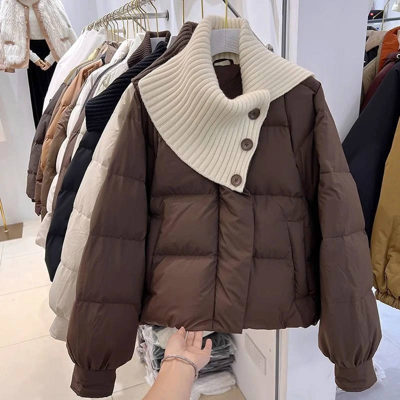 2024新款韩版气质毛线披肩短款保暖棉服女冬季百搭减龄撞色外套潮