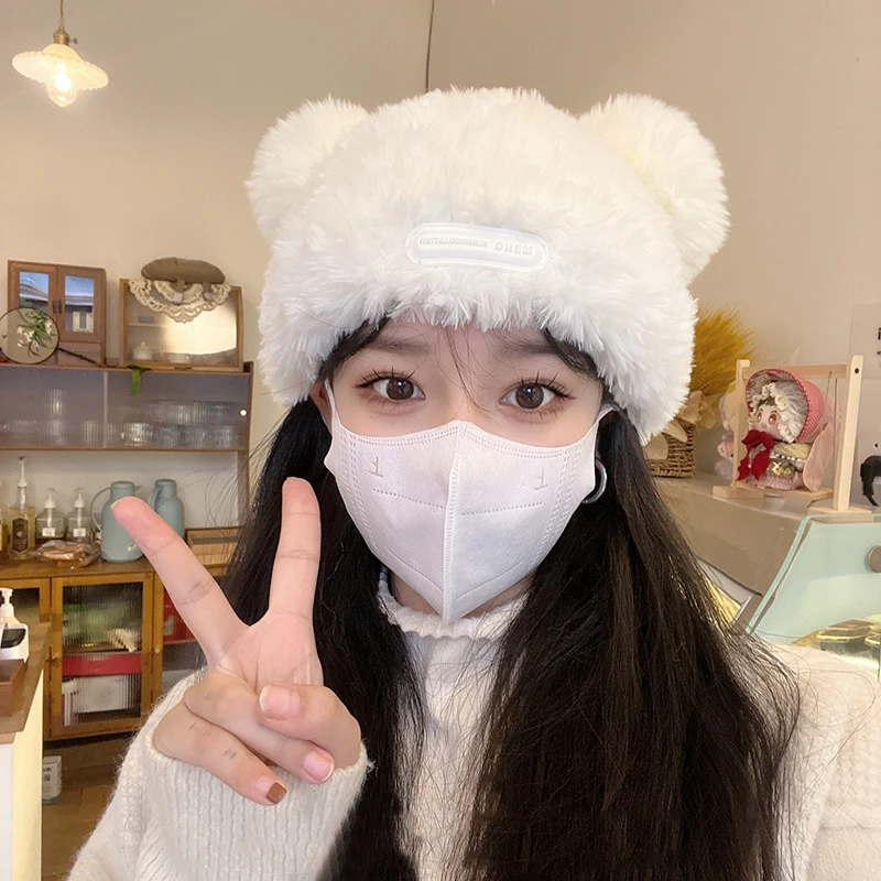 针织毛绒耳朵棉帽2024新款秋冬保暖毛线小熊帽子女冬季可爱白色茸