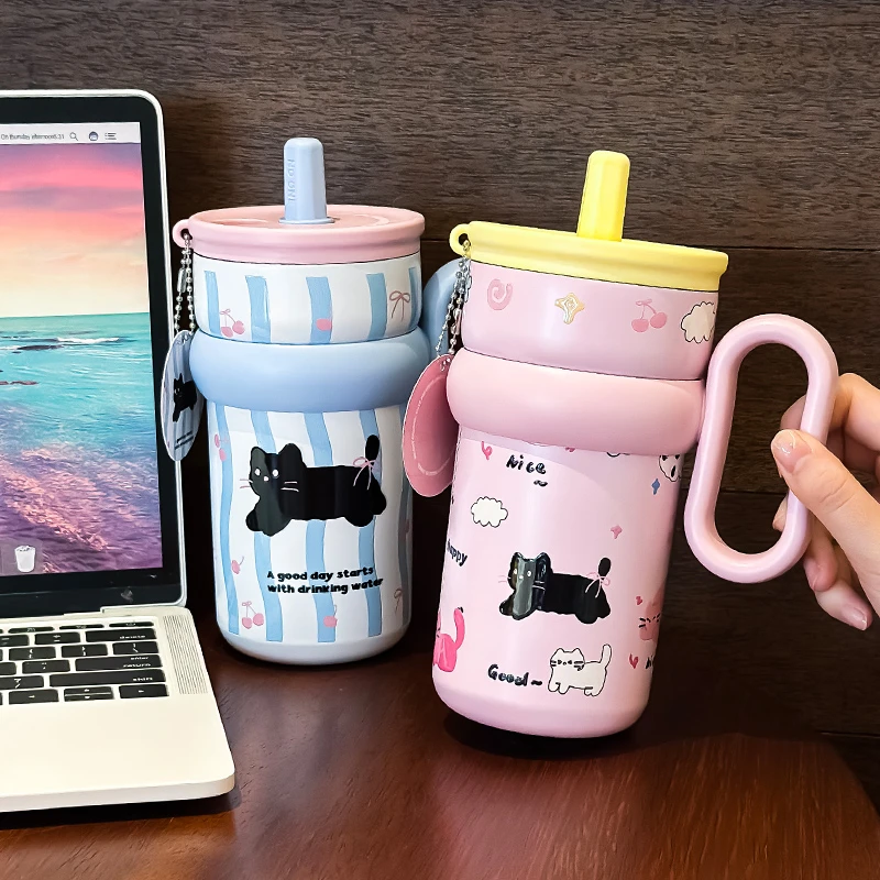手持创意吸管杯316不锈钢女生保温杯办公室咖啡杯学生手柄保冷杯
