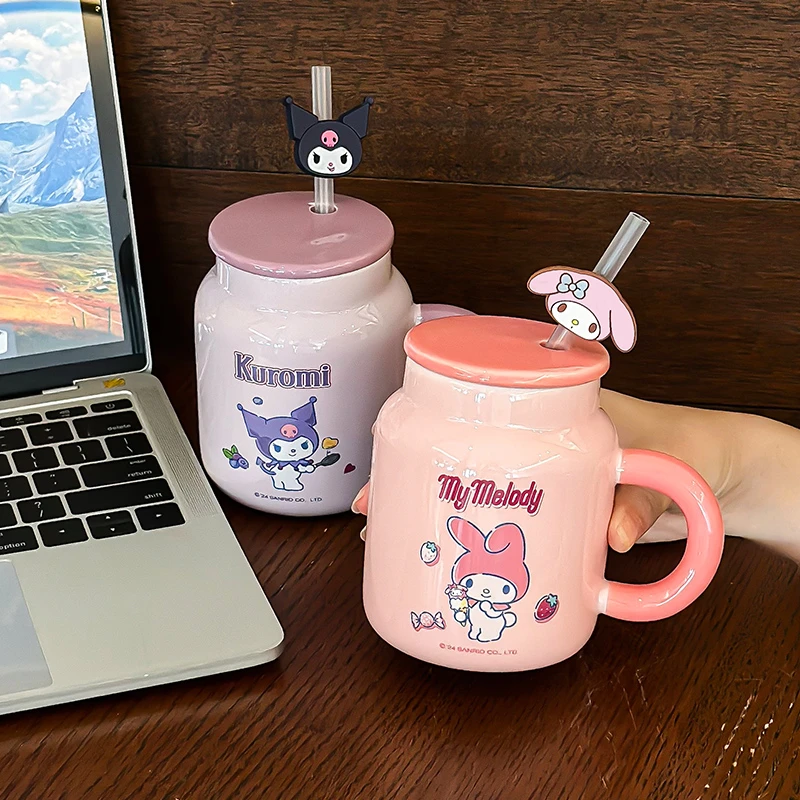 库洛米陶瓷马克杯带盖吸管美乐蒂水杯子女儿童家用喝水可爱三丽鸥
