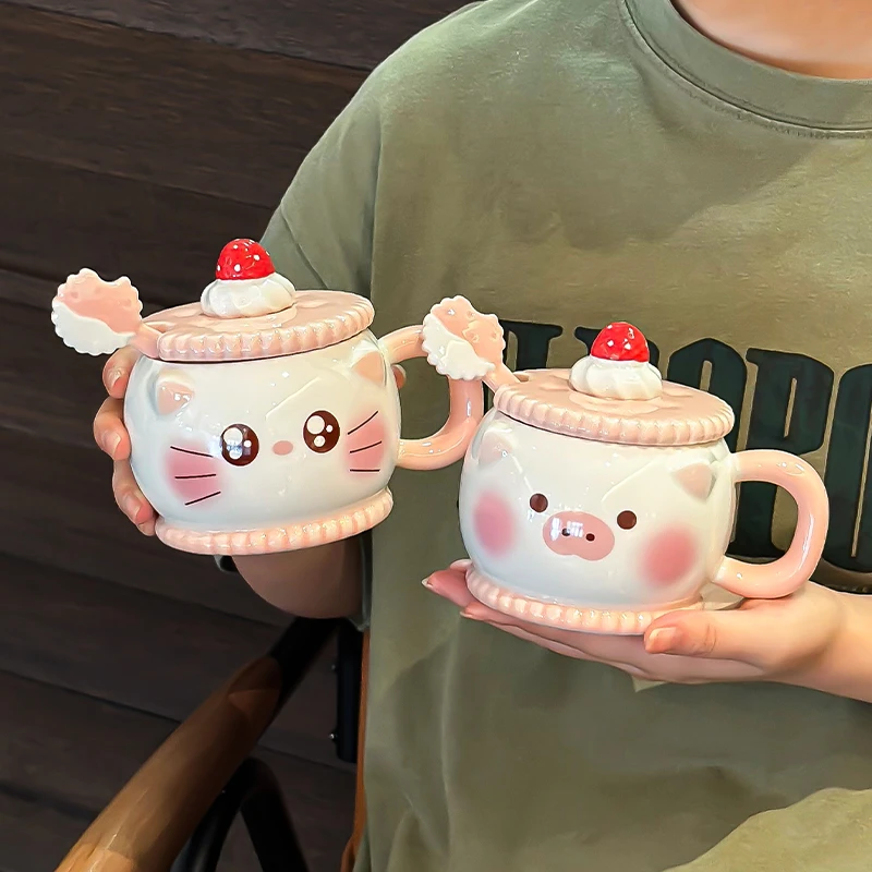 超级可爱的猪猪杯子有盖勺陶瓷马克杯女生高颜值超萌奶fufu咖啡杯